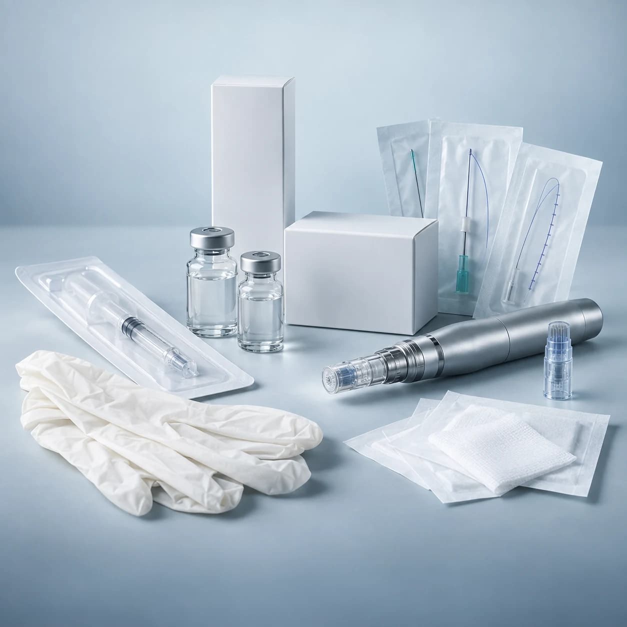Conjunto de frascos, embalagens, fios, dispositivo de microagulhamento e materiais descartáveis para estética profissional